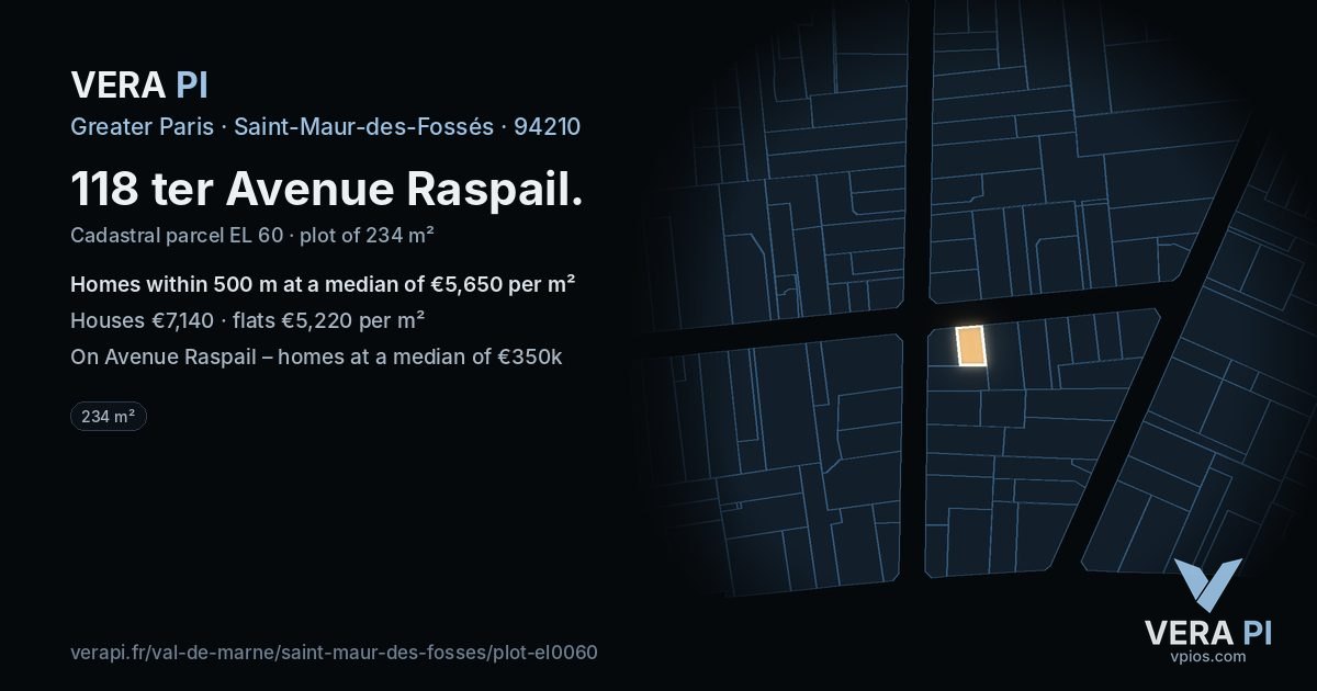 118 ter Avenue Raspail, Saint-Maur-des-Fossés at night – the plot lit, the parcels around coloured by the prices near them