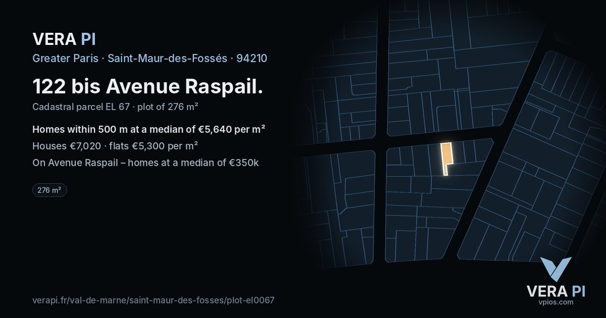 122 bis Avenue Raspail, Saint-Maur-des-Fossés at night – the plot lit, the parcels around coloured by the prices near them