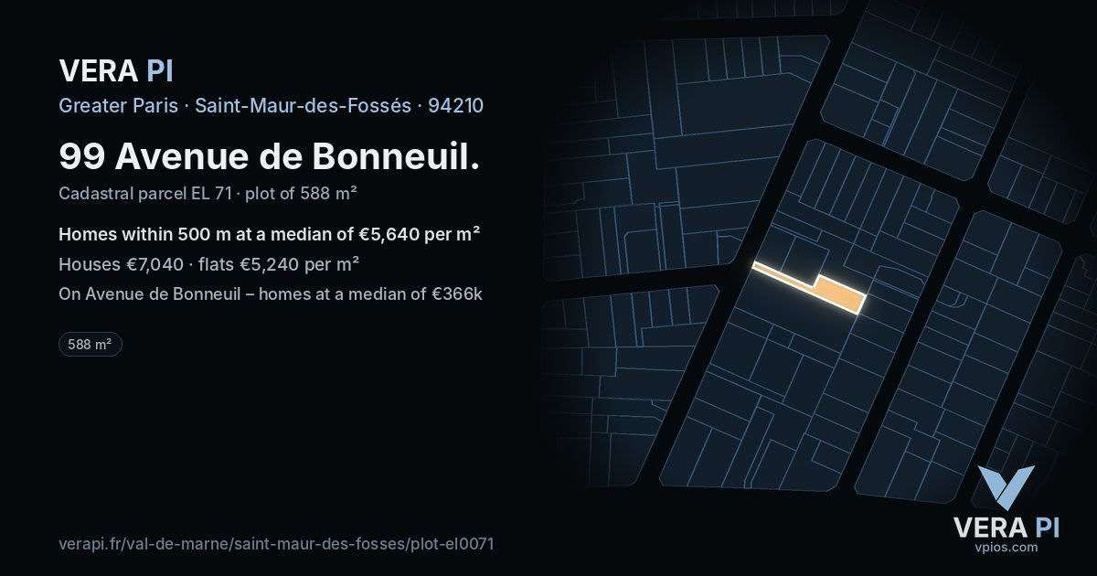 99 Avenue de Bonneuil, Saint-Maur-des-Fossés at night – the plot lit, the parcels around coloured by the prices near them