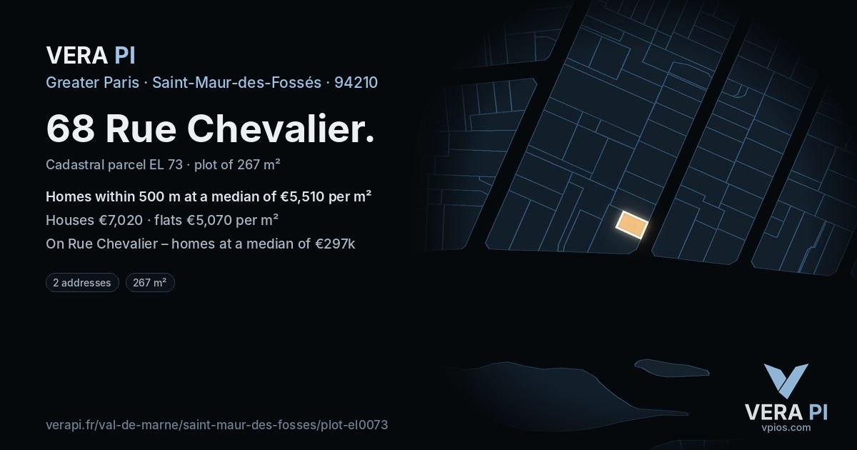 68 Rue Chevalier, Saint-Maur-des-Fossés at night – the plot lit, the parcels around coloured by the prices near them