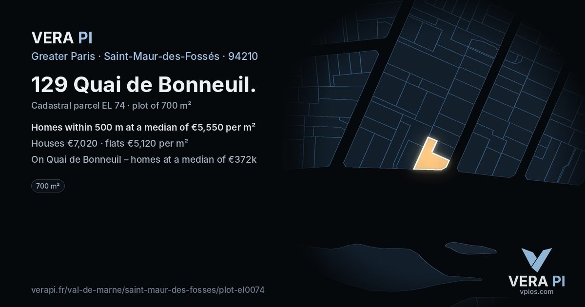129 Quai de Bonneuil, Saint-Maur-des-Fossés at night – the plot lit, the parcels around coloured by the prices near them