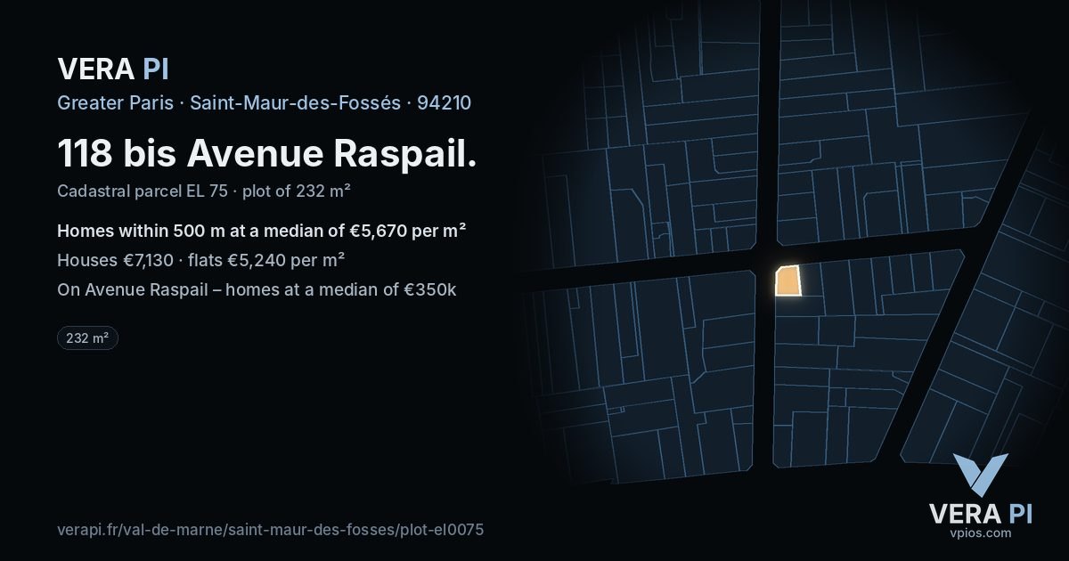 118 bis Avenue Raspail, Saint-Maur-des-Fossés at night – the plot lit, the parcels around coloured by the prices near them