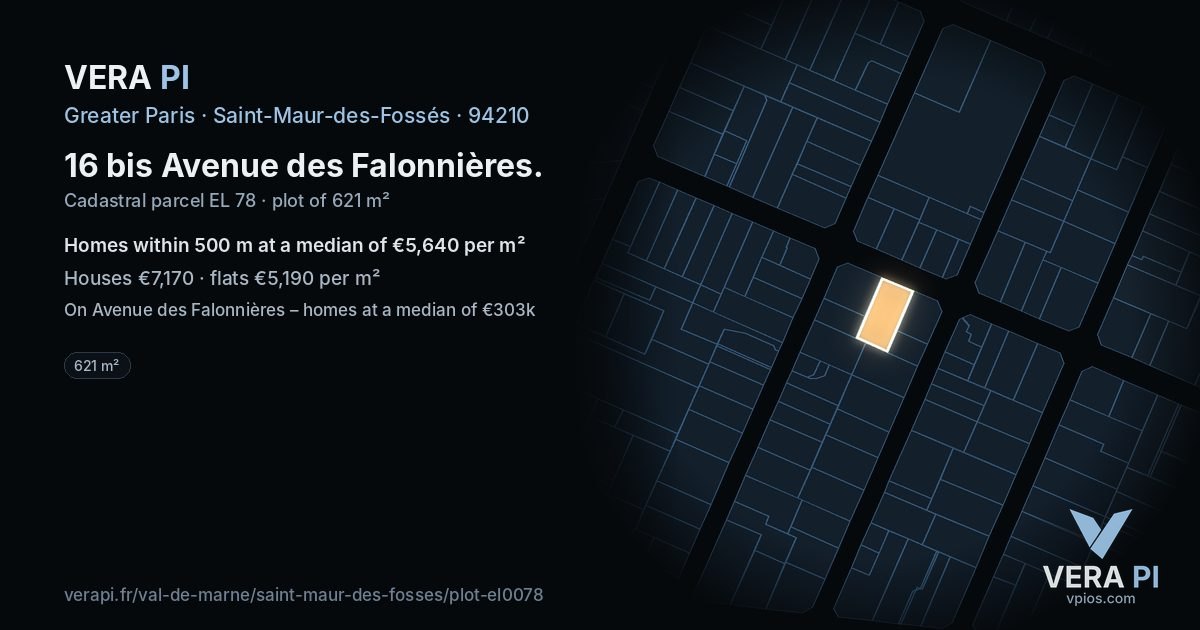 16 bis Avenue des Falonnières, Saint-Maur-des-Fossés at night – the plot lit, the parcels around coloured by the prices near them