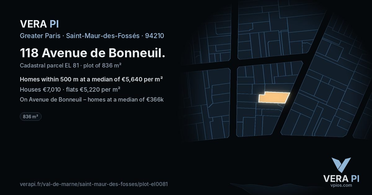 118 Avenue de Bonneuil, Saint-Maur-des-Fossés at night – the plot lit, the parcels around coloured by the prices near them
