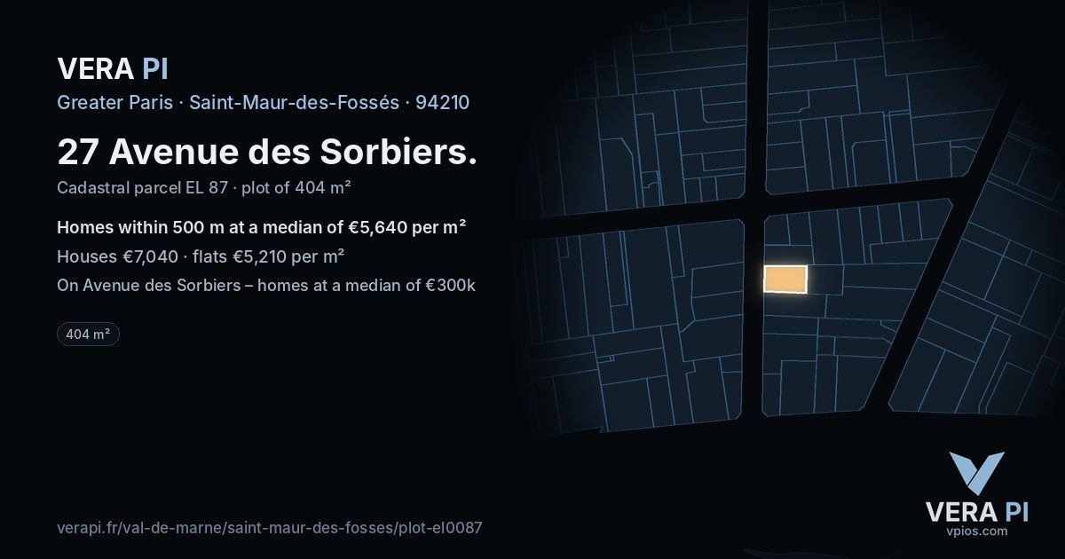 27 Avenue des Sorbiers, Saint-Maur-des-Fossés at night – the plot lit, the parcels around coloured by the prices near them