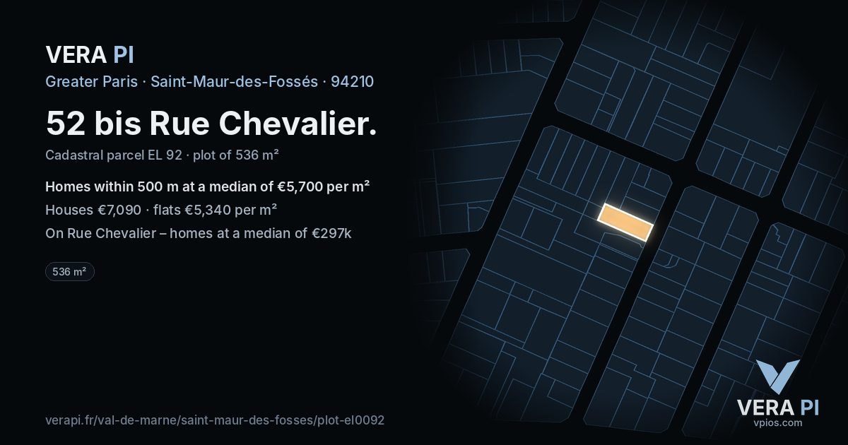 52 bis Rue Chevalier, Saint-Maur-des-Fossés at night – the plot lit, the parcels around coloured by the prices near them