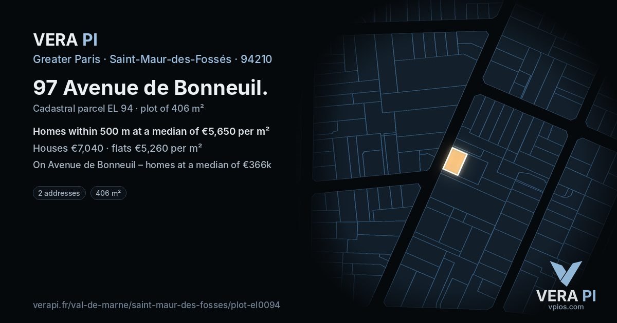 97 Avenue de Bonneuil, Saint-Maur-des-Fossés at night – the plot lit, the parcels around coloured by the prices near them