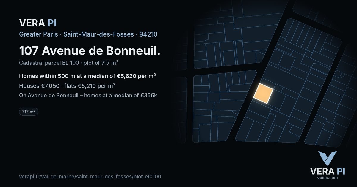 107 Avenue de Bonneuil, Saint-Maur-des-Fossés at night – the plot lit, the parcels around coloured by the prices near them