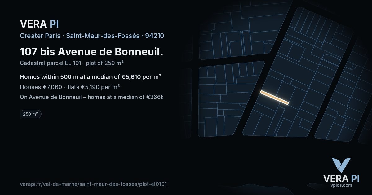 107 bis Avenue de Bonneuil, Saint-Maur-des-Fossés at night – the plot lit, the parcels around coloured by the prices near them
