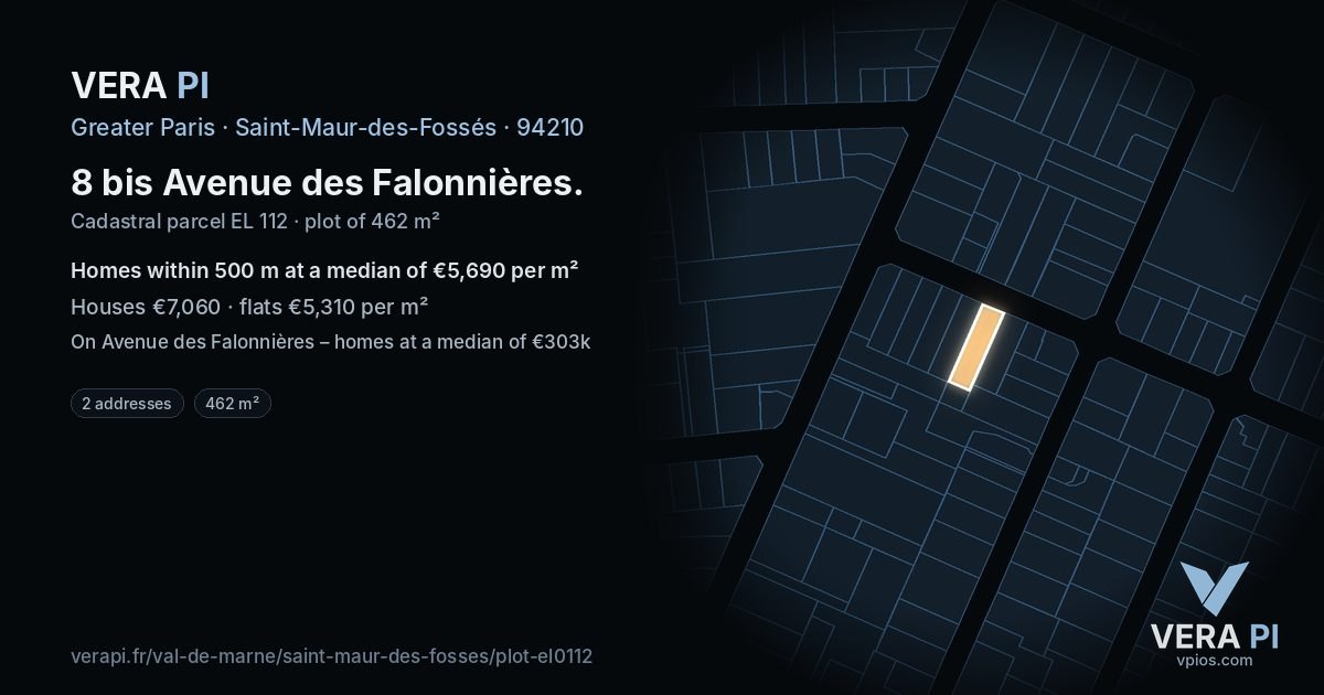8 bis Avenue des Falonnières, Saint-Maur-des-Fossés at night – the plot lit, the parcels around coloured by the prices near them