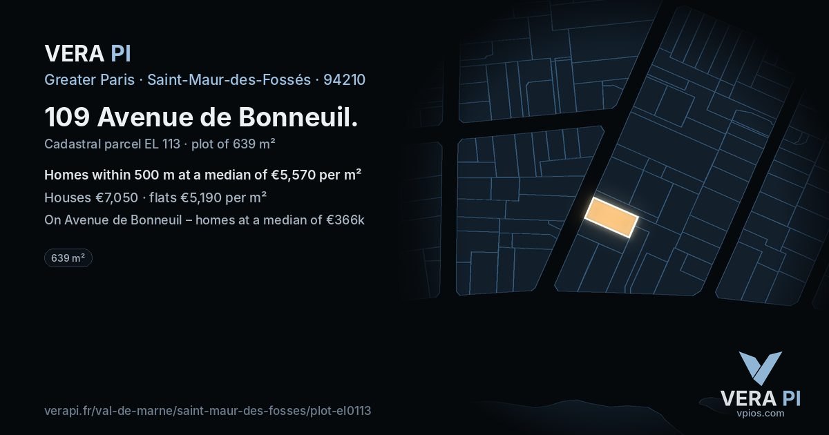 109 Avenue de Bonneuil, Saint-Maur-des-Fossés at night – the plot lit, the parcels around coloured by the prices near them