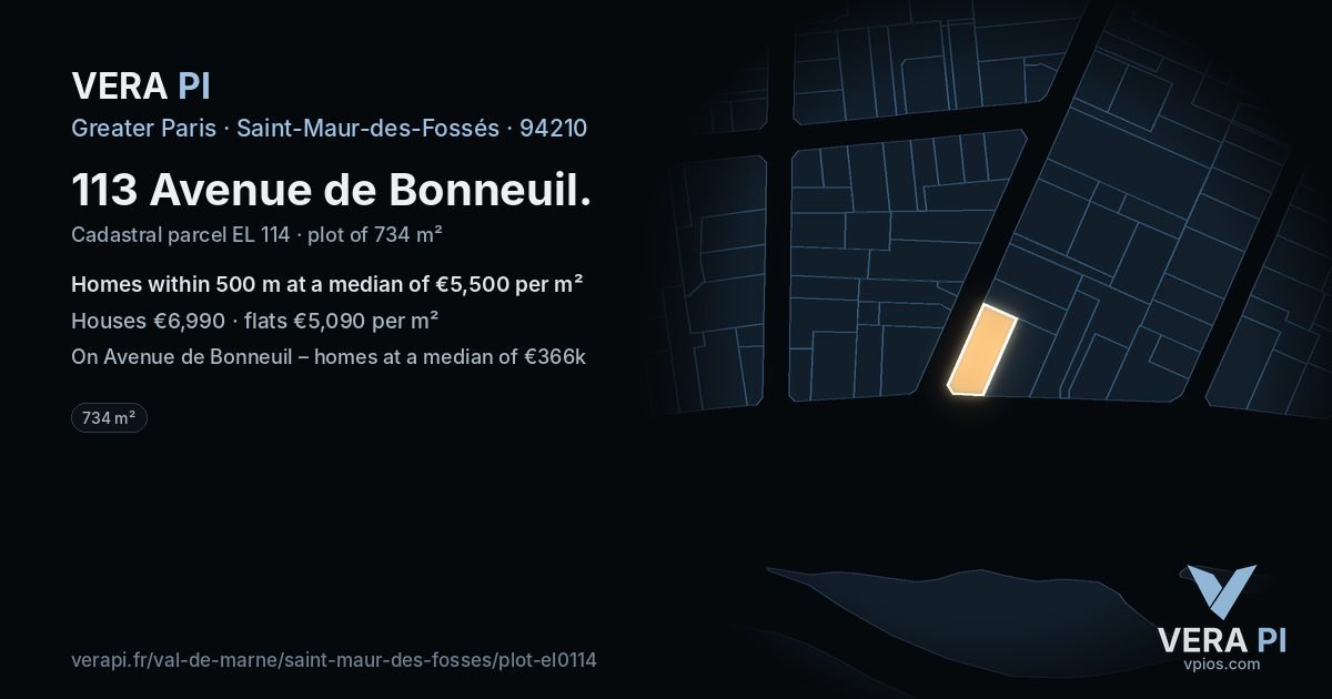 113 Avenue de Bonneuil, Saint-Maur-des-Fossés at night – the plot lit, the parcels around coloured by the prices near them