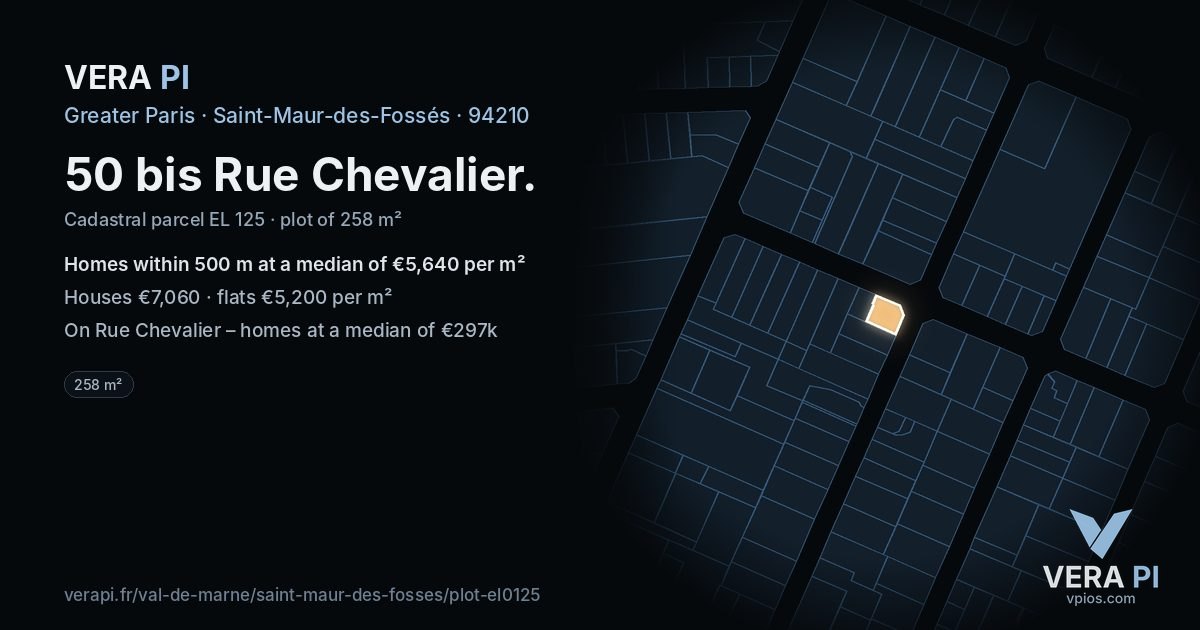 50 bis Rue Chevalier, Saint-Maur-des-Fossés at night – the plot lit, the parcels around coloured by the prices near them