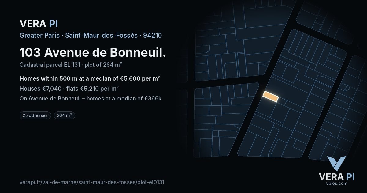 103 Avenue de Bonneuil, Saint-Maur-des-Fossés at night – the plot lit, the parcels around coloured by the prices near them