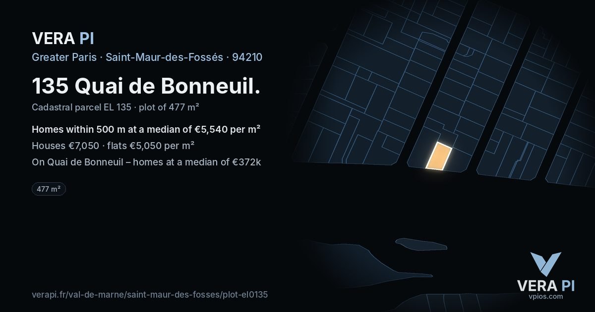 135 Quai de Bonneuil, Saint-Maur-des-Fossés at night – the plot lit, the parcels around coloured by the prices near them