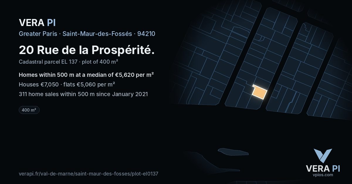 20 Rue de la Prospérité, Saint-Maur-des-Fossés at night – the plot lit, the parcels around coloured by the prices near them