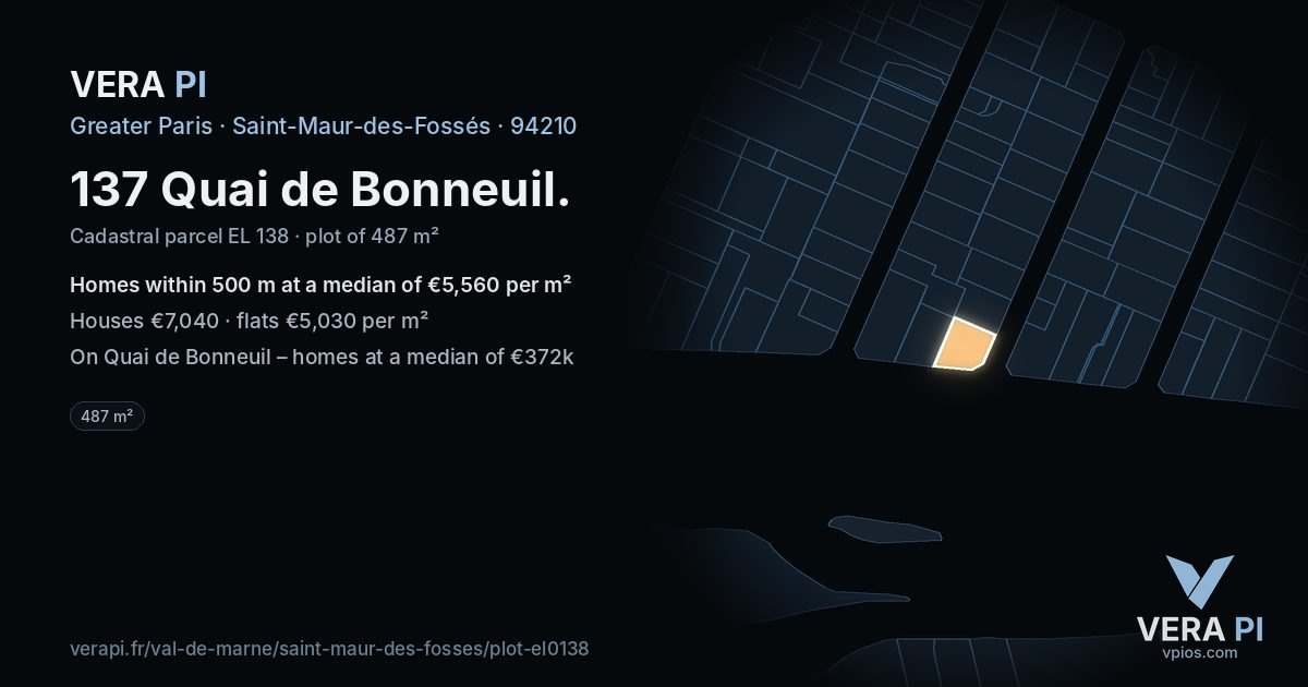137 Quai de Bonneuil, Saint-Maur-des-Fossés at night – the plot lit, the parcels around coloured by the prices near them