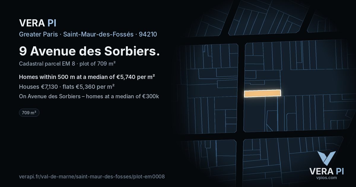 9 Avenue des Sorbiers, Saint-Maur-des-Fossés at night – the plot lit, the parcels around coloured by the prices near them