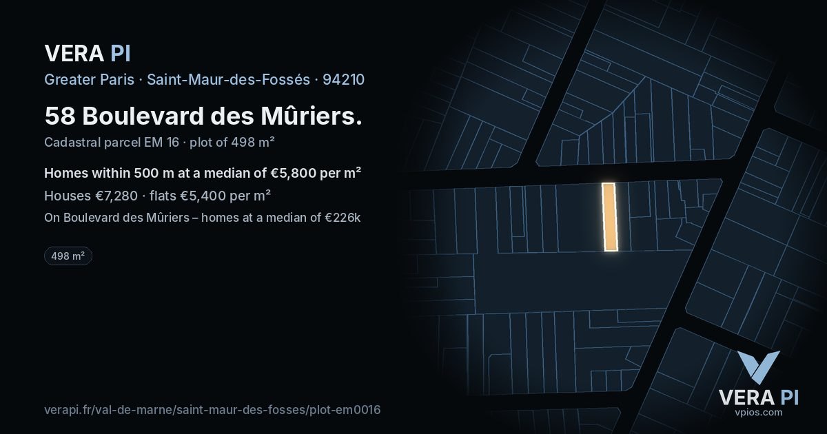 58 Boulevard des Mûriers, Saint-Maur-des-Fossés at night – the plot lit, the parcels around coloured by the prices near them