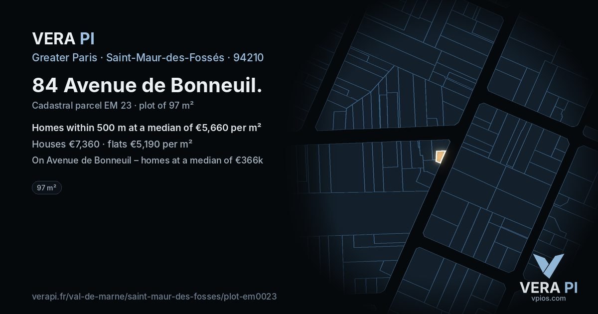 84 Avenue de Bonneuil, Saint-Maur-des-Fossés at night – the plot lit, the parcels around coloured by the prices near them