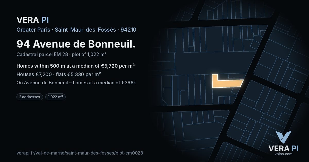 94 Avenue de Bonneuil, Saint-Maur-des-Fossés at night – the plot lit, the parcels around coloured by the prices near them