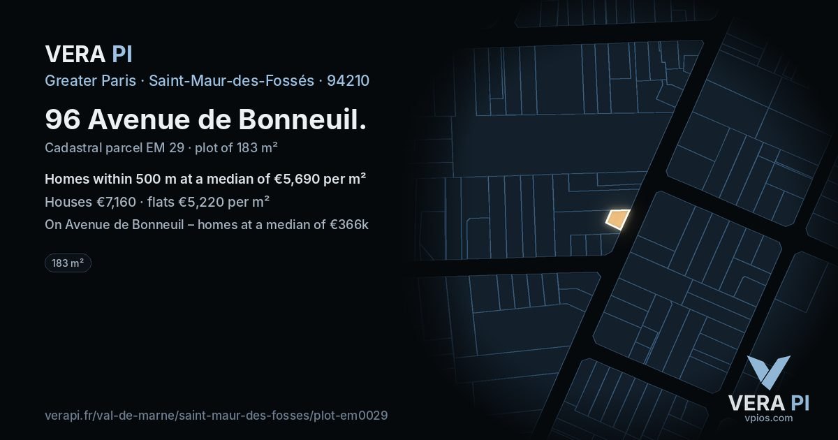 96 Avenue de Bonneuil, Saint-Maur-des-Fossés at night – the plot lit, the parcels around coloured by the prices near them