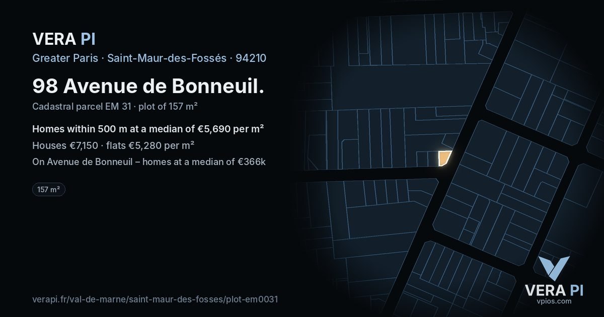 98 Avenue de Bonneuil, Saint-Maur-des-Fossés at night – the plot lit, the parcels around coloured by the prices near them
