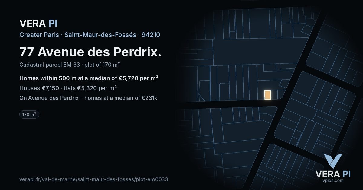 77 Avenue des Perdrix, Saint-Maur-des-Fossés at night – the plot lit, the parcels around coloured by the prices near them