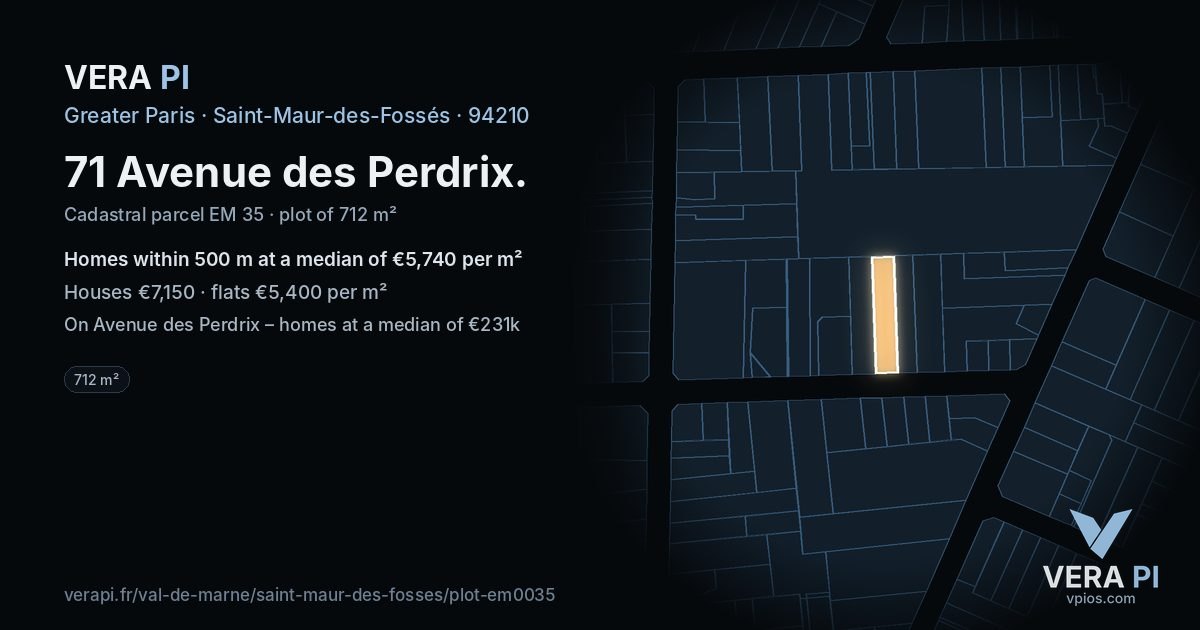 71 Avenue des Perdrix, Saint-Maur-des-Fossés at night – the plot lit, the parcels around coloured by the prices near them