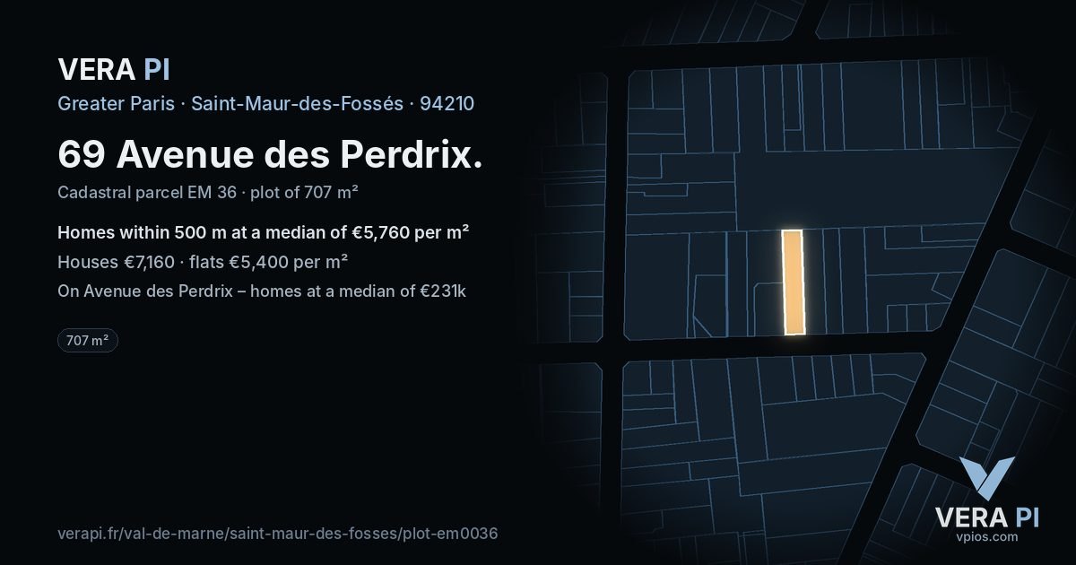 69 Avenue des Perdrix, Saint-Maur-des-Fossés at night – the plot lit, the parcels around coloured by the prices near them