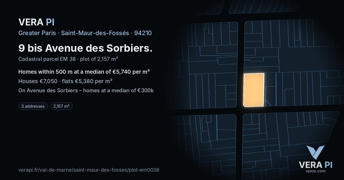 9 bis Avenue des Sorbiers, Saint-Maur-des-Fossés at night – the plot lit, the parcels around coloured by the prices near them
