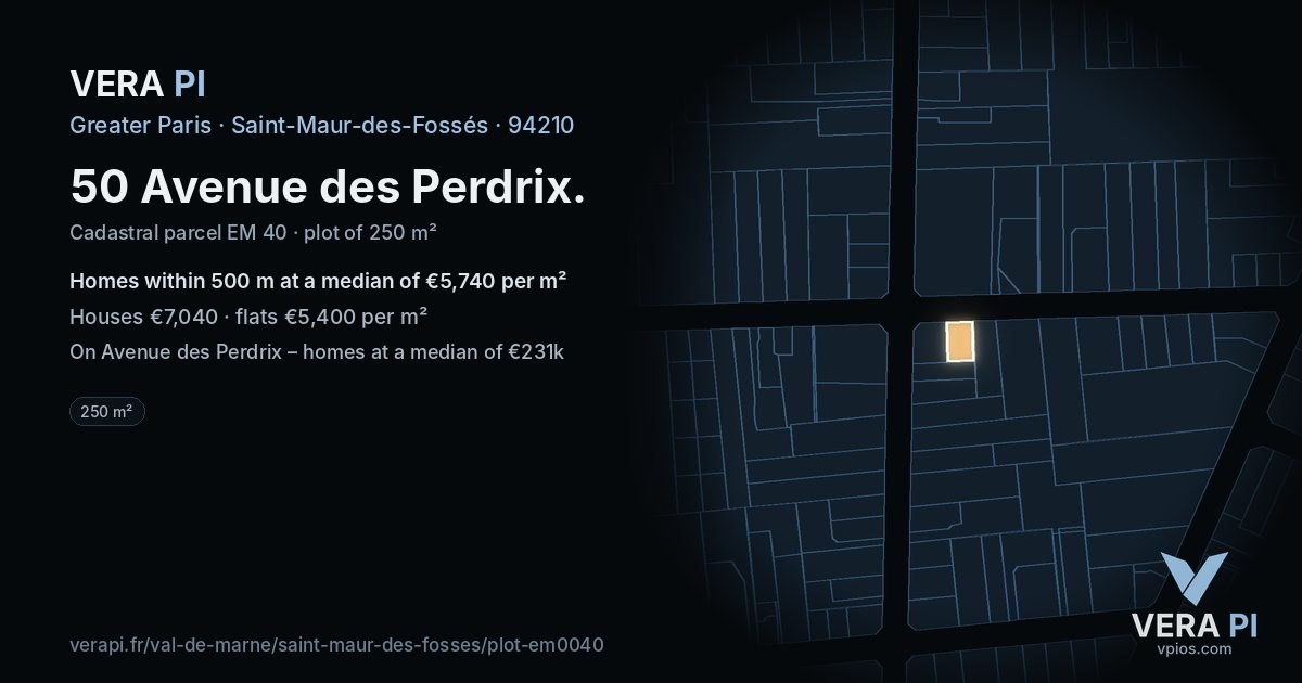 50 Avenue des Perdrix, Saint-Maur-des-Fossés at night – the plot lit, the parcels around coloured by the prices near them