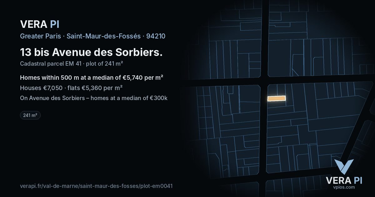 13 bis Avenue des Sorbiers, Saint-Maur-des-Fossés at night – the plot lit, the parcels around coloured by the prices near them