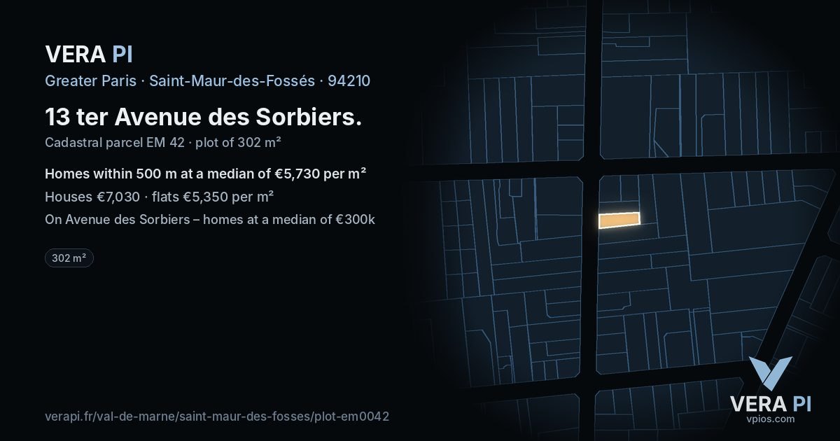 13 ter Avenue des Sorbiers, Saint-Maur-des-Fossés at night – the plot lit, the parcels around coloured by the prices near them