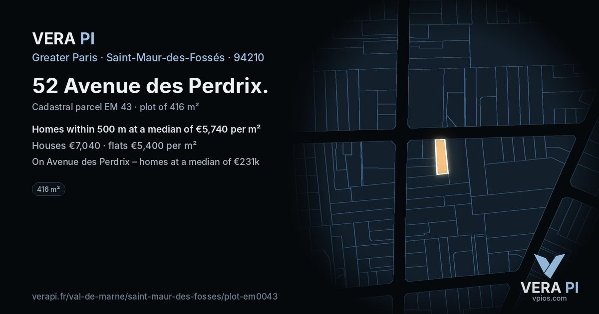 52 Avenue des Perdrix, Saint-Maur-des-Fossés at night – the plot lit, the parcels around coloured by the prices near them