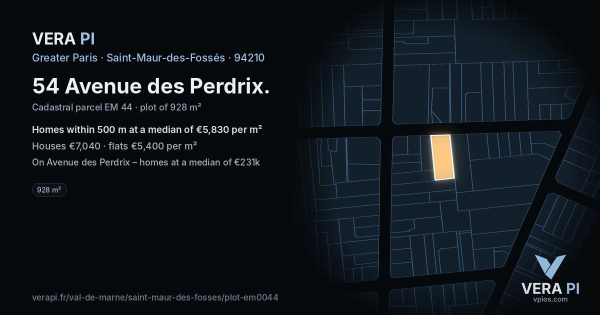 54 Avenue des Perdrix, Saint-Maur-des-Fossés at night – the plot lit, the parcels around coloured by the prices near them