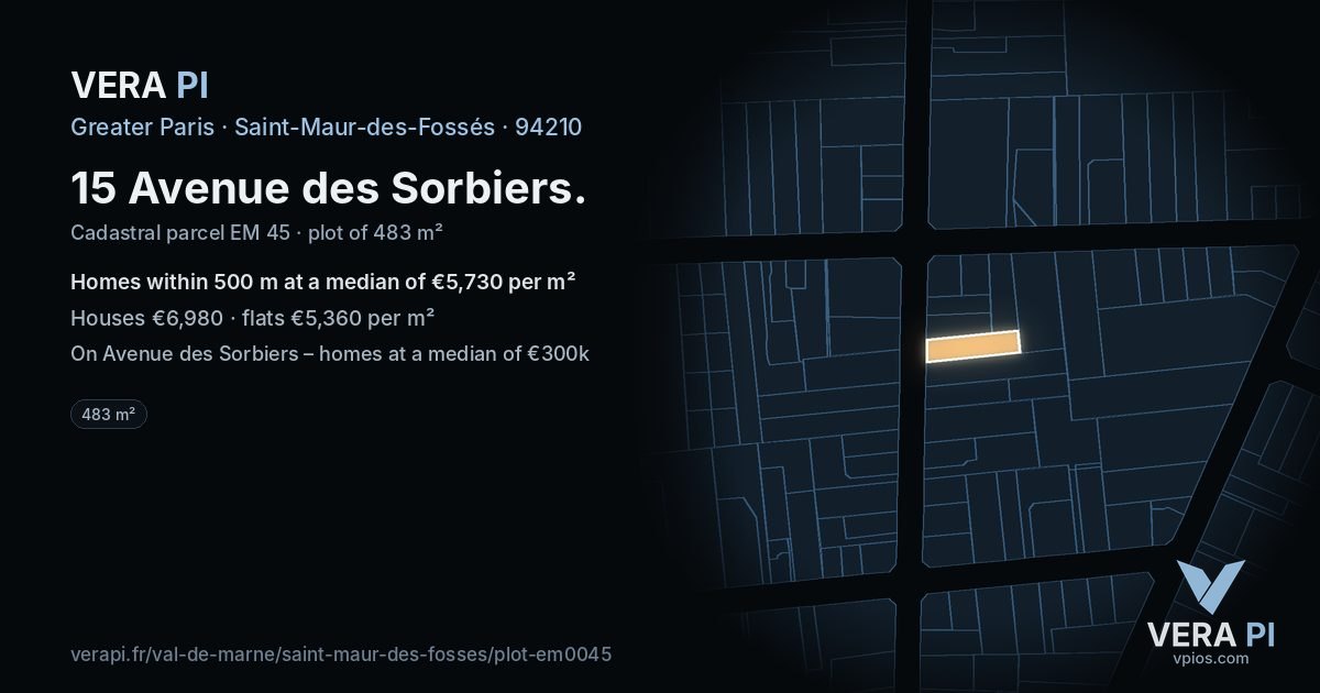 15 Avenue des Sorbiers, Saint-Maur-des-Fossés at night – the plot lit, the parcels around coloured by the prices near them