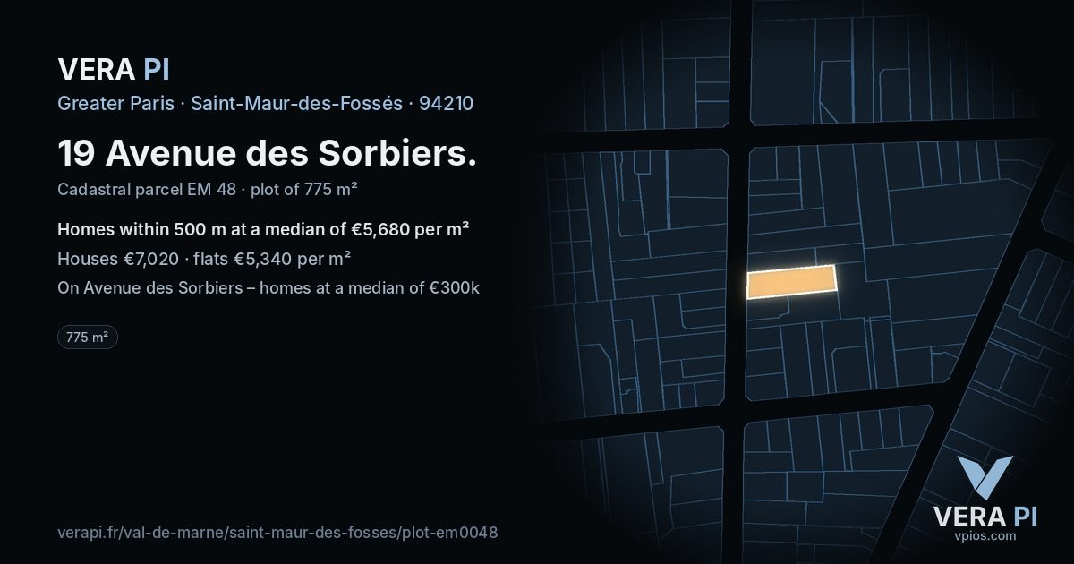 19 Avenue des Sorbiers, Saint-Maur-des-Fossés at night – the plot lit, the parcels around coloured by the prices near them