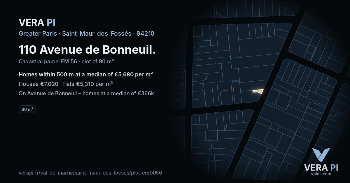 110 Avenue de Bonneuil, Saint-Maur-des-Fossés at night – the plot lit, the parcels around coloured by the prices near them