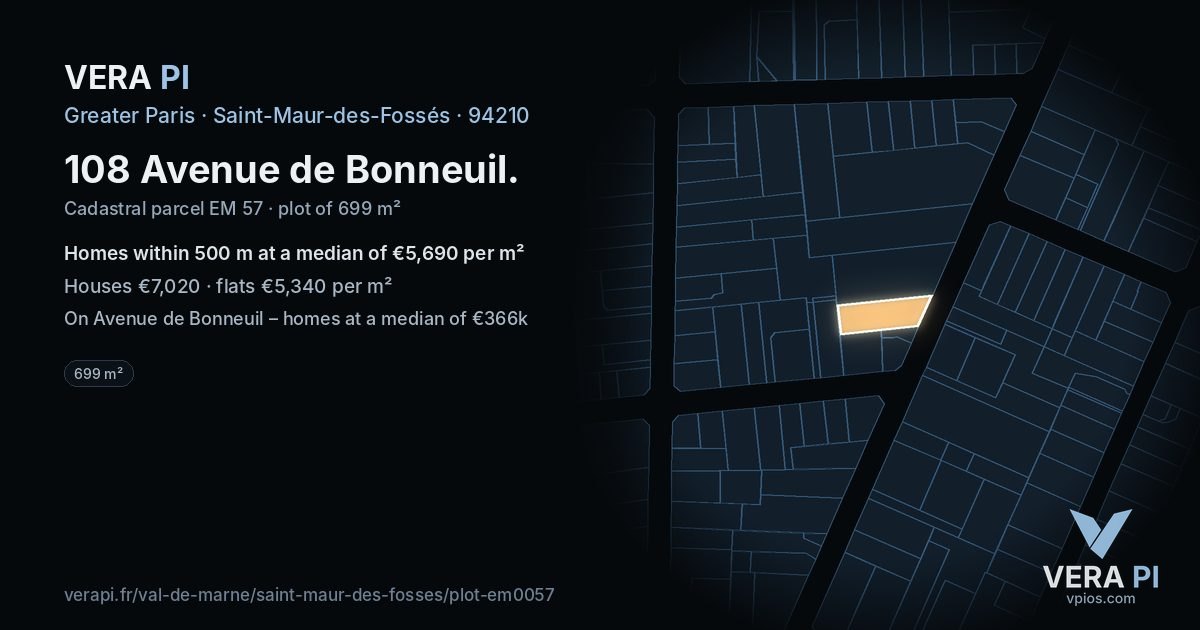 108 Avenue de Bonneuil, Saint-Maur-des-Fossés at night – the plot lit, the parcels around coloured by the prices near them