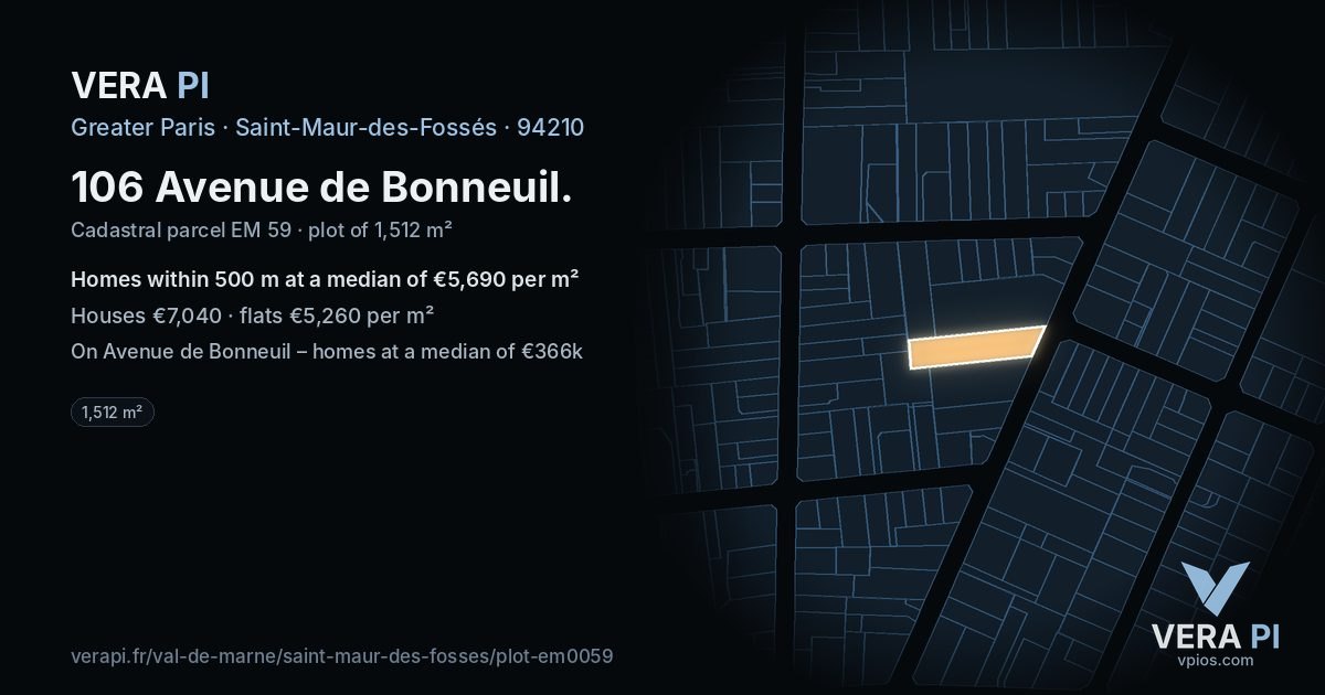 106 Avenue de Bonneuil, Saint-Maur-des-Fossés at night – the plot lit, the parcels around coloured by the prices near them