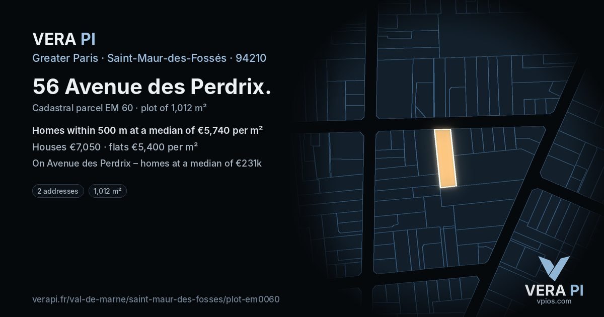 56 Avenue des Perdrix, Saint-Maur-des-Fossés at night – the plot lit, the parcels around coloured by the prices near them