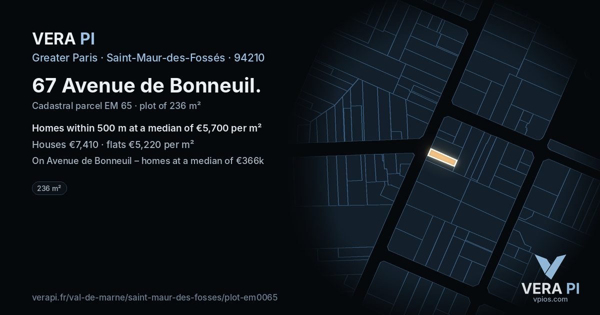 67 Avenue de Bonneuil, Saint-Maur-des-Fossés at night – the plot lit, the parcels around coloured by the prices near them