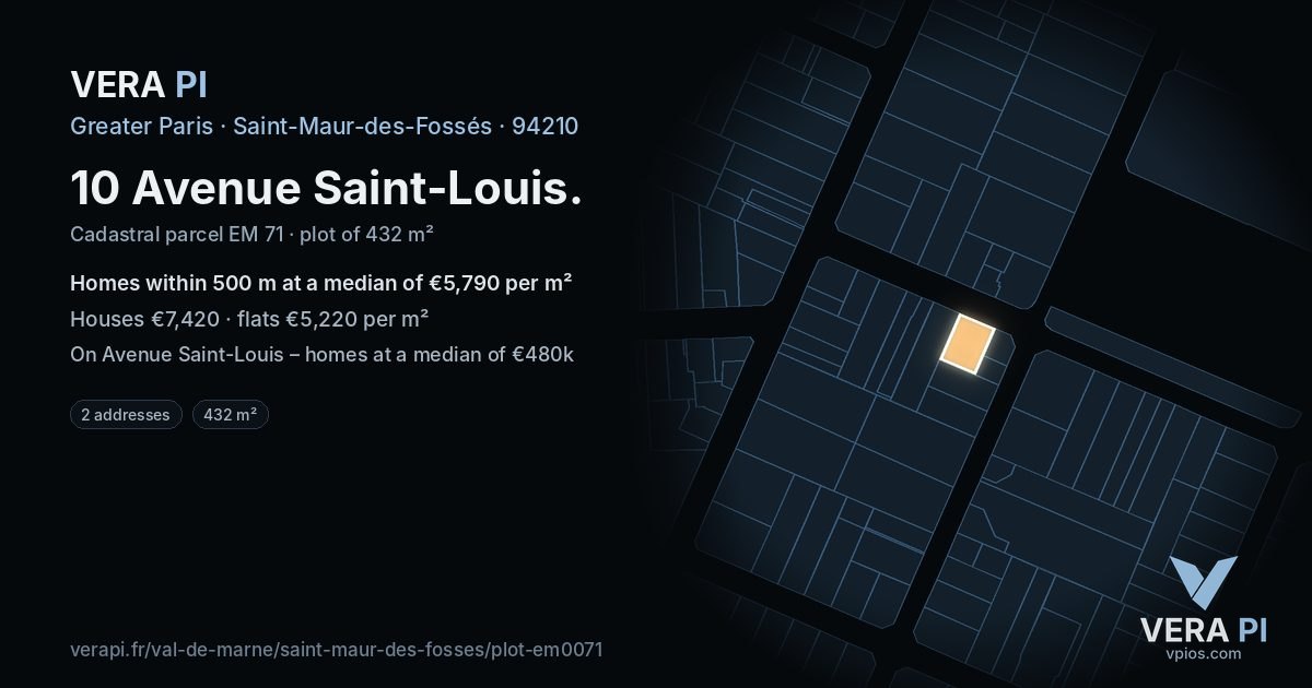 10 Avenue Saint-Louis, Saint-Maur-des-Fossés at night – the plot lit, the parcels around coloured by the prices near them
