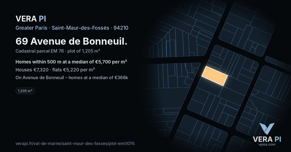69 Avenue de Bonneuil, Saint-Maur-des-Fossés at night – the plot lit, the parcels around coloured by the prices near them
