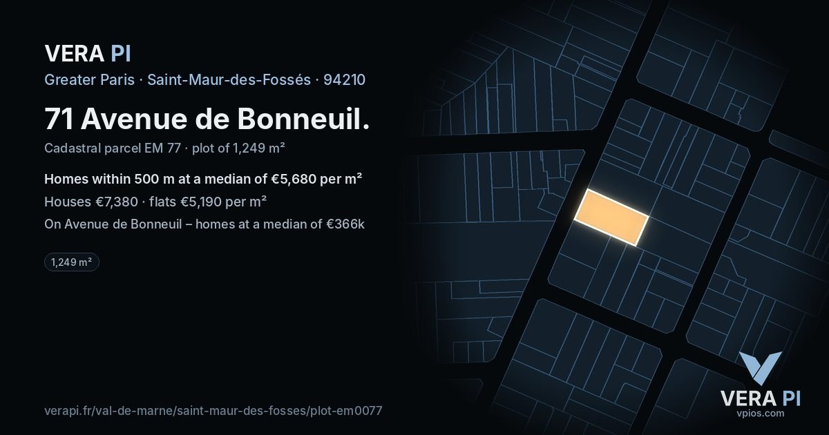 71 Avenue de Bonneuil, Saint-Maur-des-Fossés at night – the plot lit, the parcels around coloured by the prices near them