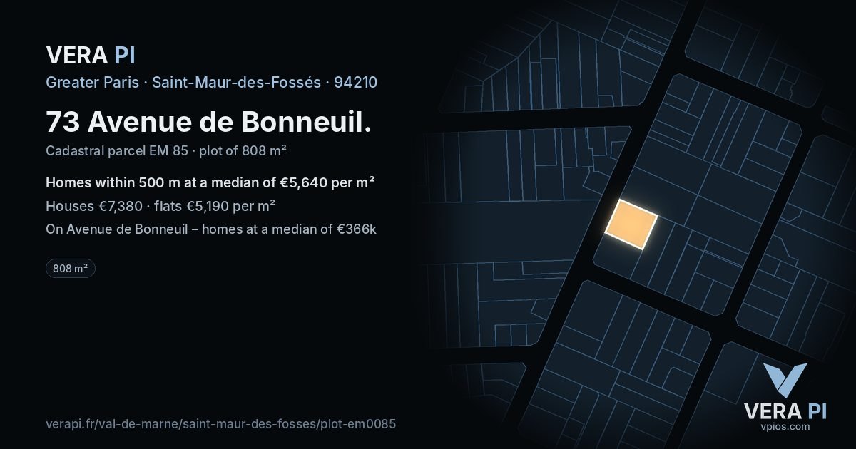 73 Avenue de Bonneuil, Saint-Maur-des-Fossés at night – the plot lit, the parcels around coloured by the prices near them
