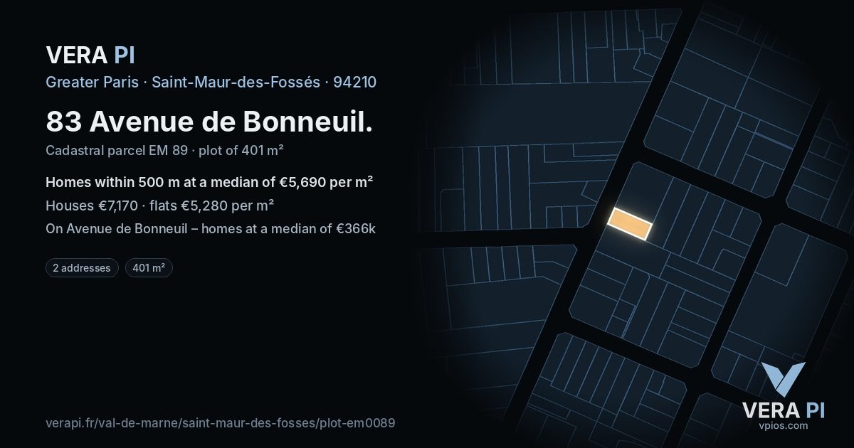 83 Avenue de Bonneuil, Saint-Maur-des-Fossés at night – the plot lit, the parcels around coloured by the prices near them
