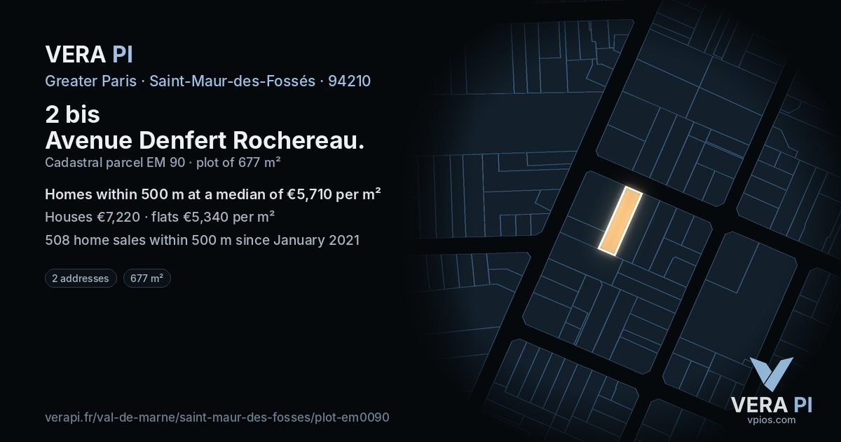 2 bis Avenue Denfert Rochereau, Saint-Maur-des-Fossés at night – the plot lit, the parcels around coloured by the prices near them