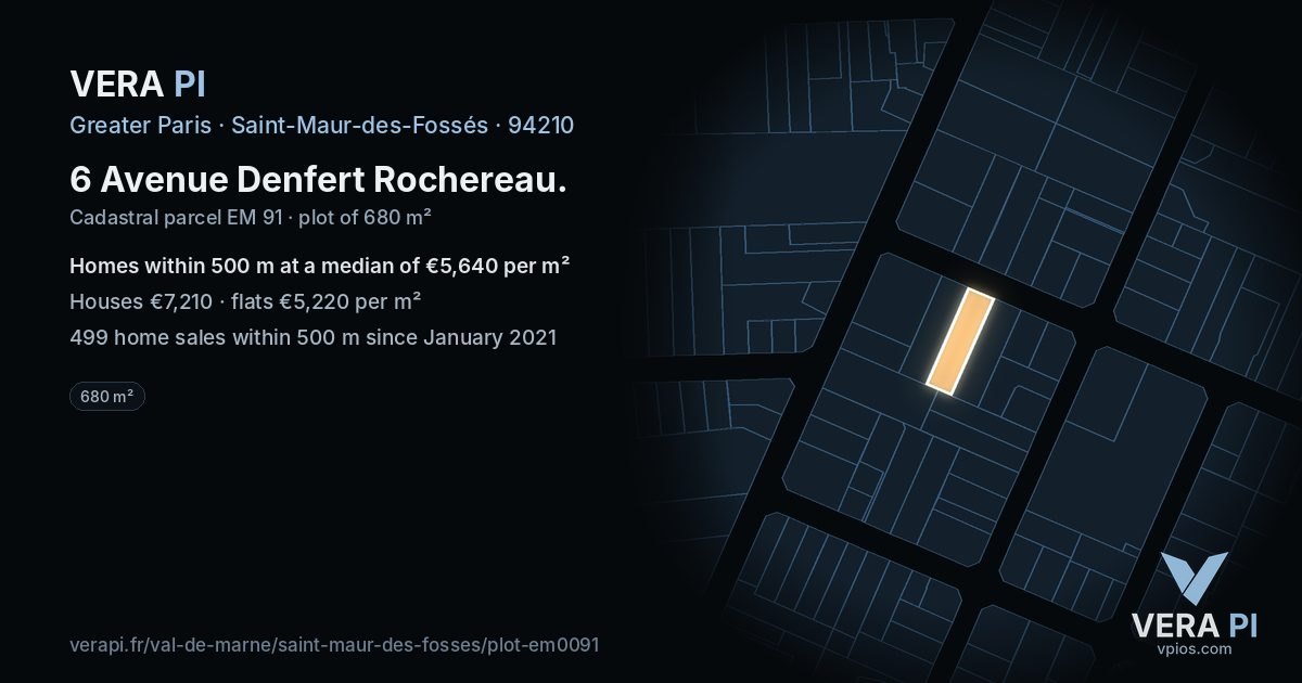 6 Avenue Denfert Rochereau, Saint-Maur-des-Fossés at night – the plot lit, the parcels around coloured by the prices near them